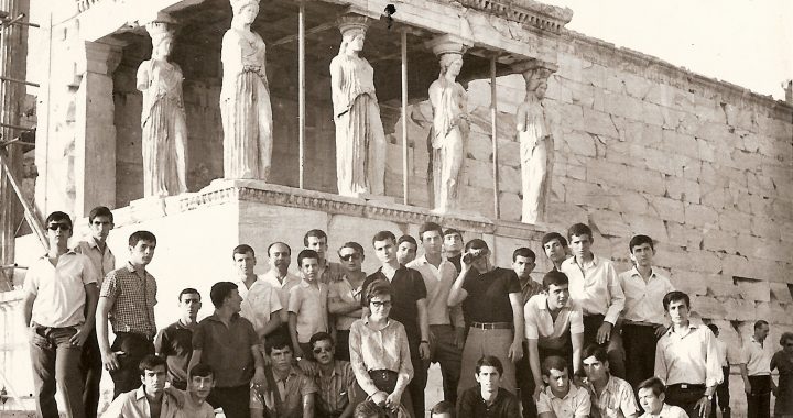 Male students at the Acropolis in Athens, Greece (1969)